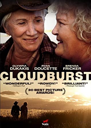 Poster for Cloudburst, featuring the faces of two white women with gray hair, looking at one another and smiling. The lower half of the poster shows the two women at a distance, looking out over the horizon.