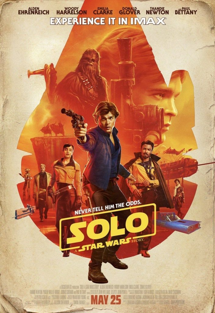 Poster for Solo: A Star Wars Story, featuring a young white man pointing a gun toward the viewer, over a backdrop of a collage of images from the film.