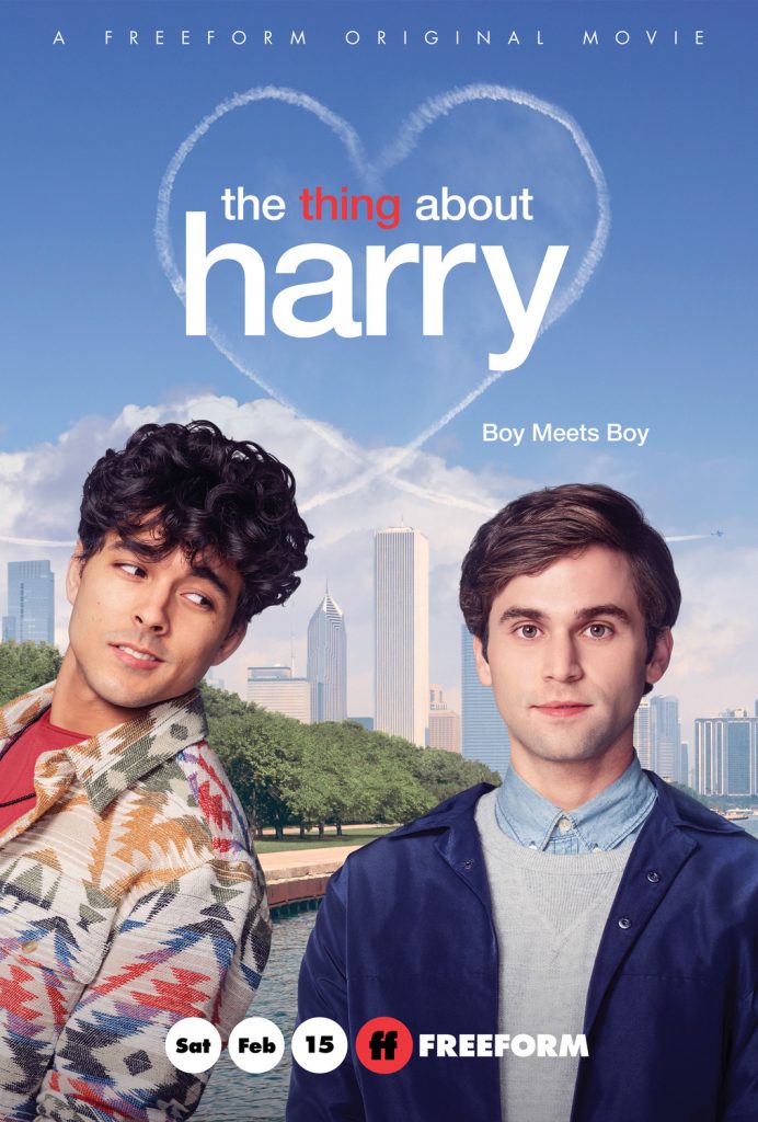 Poster for The Thing About Harry, with the film's title framed in airplane trails in the shape of a heart over an image of the Chicago skyline. In the foreground, two young men stand side by side: one, a white man in a blue jacket, looks directly at the camera, while the other, a brown-skinned man in a colorful shirt, stands sideways and looks over his shoulder at the first man.