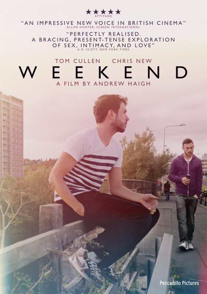 Poster for Weekend. In the foreground, a young white man with a beard sits on a fence with his hand in his pocket, looking away from the camera, while another white man with a beard, wearing a purple sweatshirt, walks toward him.