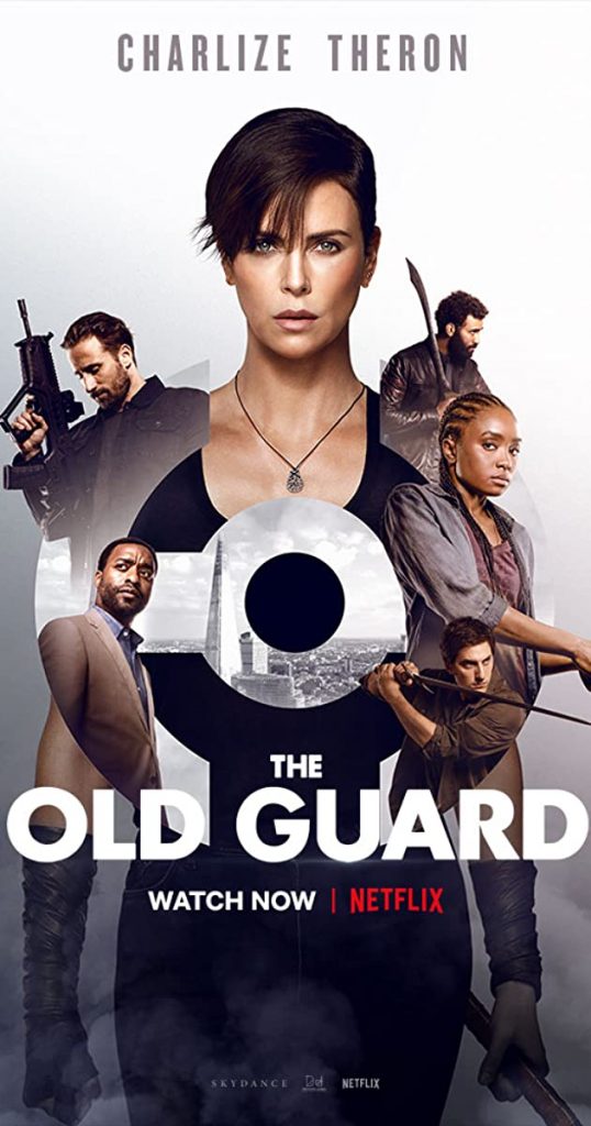 Poster for The Old Guard, featuring a large image of a white woman with short hair looking directly at the viewer, overlaid with a circular symbol and surrounded by images of other characters from the film.